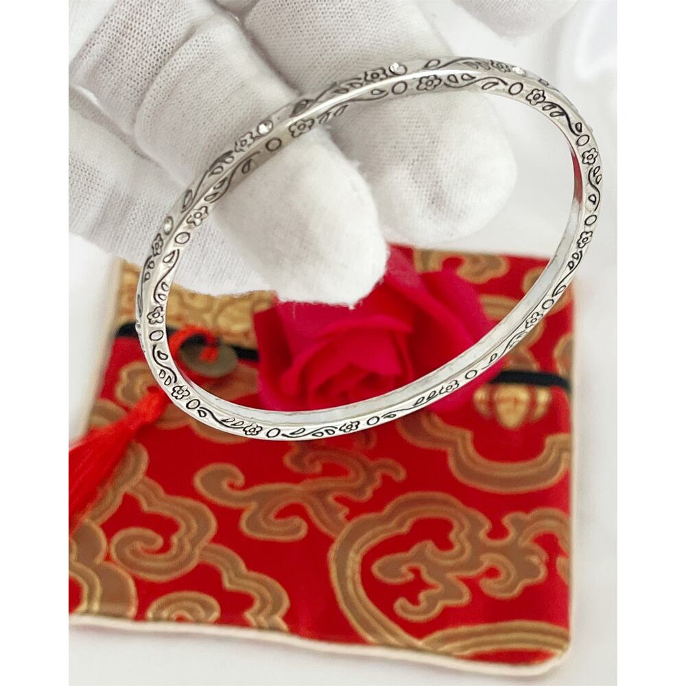 BRIGHTON  Floral Scrolled Crystals Bangle Bracelet Silver Tone